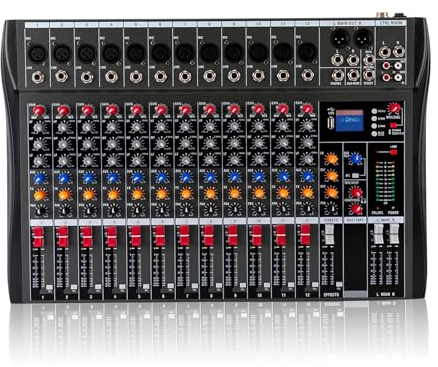 Mixer audio professionale a 12 canali, console di miscelazione audio stereo, mixer con USB Bluetooth con display LCD per Recording DJ Stage Karaoke Bar Live Streaming, 48 V Phantom Power