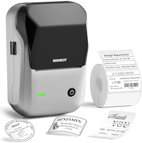 NIIMBOT B1 Bluetooth Etikettendrucker mit Wasserfeste Etiketten, Selbstklebendes Etikettiergerät, Vielseitige App mit 30 Schriftarten und über 1500 Icons für Einzelhandel, Büro, Organ (Silber)