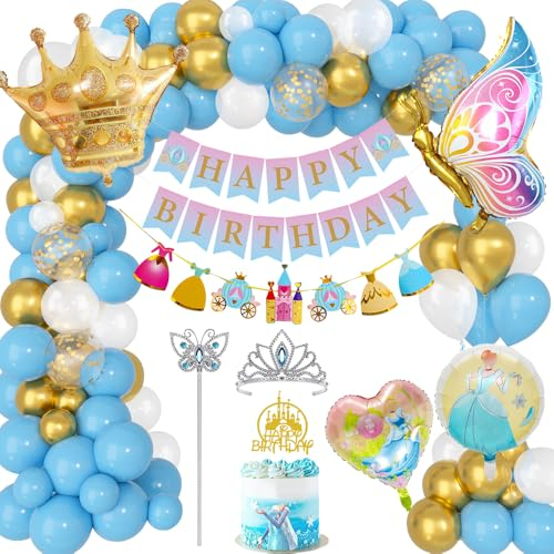 Geburtstagsdeko Mädchen, Cinderella Geburtstag Party Deko Luftballons Konfetti mit Tiara Krone Zauberstab Cupcake Topper Happy Birthday Banner Krone Ballon für Kinder Partydeko Geburtstag