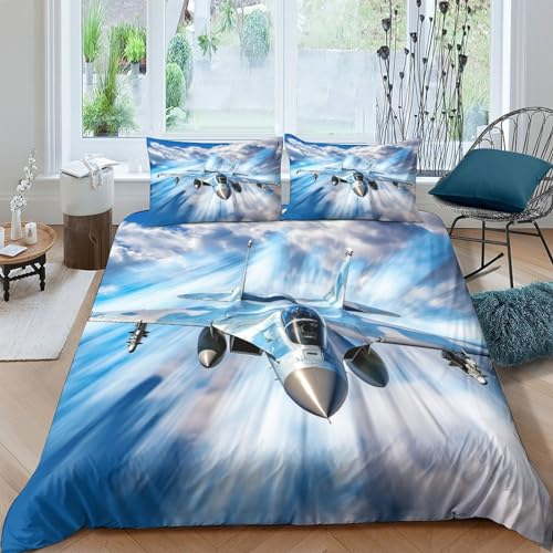 NAHCBIOT Fighter Jet Bettbezug-Set Bedrucktes Weiches Mikrofaser-Bettwäsche-Set Für Erwachsene Teenager Kinder 3 Stück Aeroplane Für Heimtextilien Double（200x200cm）