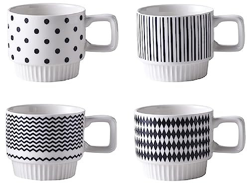 KIUGOP 4er Set Porzellan Kaffeetassen Kaffeebecher | 300ml Bunte Tassen Keramik Espressotassen Mini Mokkatassen | Handgefertigte Modern Teetassen Set Mit Henkel Für Kaffee, Tee, Milch, Wasser,Schwarz