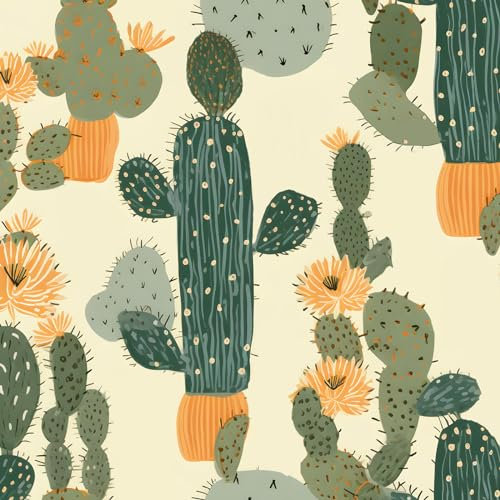 XRUIBZI Cactusl Wallpaper Peel and Stick Yellow Wallpaper Vinyl Wallpaper Green Cacti Contact Paper for Cabinets Waterproof Self Adhesive Boho Wall Paper for Kitchen Countertop Wall 44.5cmx300cm