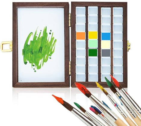 Holzsammlung Palette de Peinture Portable, Mini Support de Peinture Aquarelle Vide en Bois, Boîte de Palette de Rangement de 36 Puits pour Gouache, Acrylique, Huile avec 36 Grilles, 17 x 10.5 x 3 cm