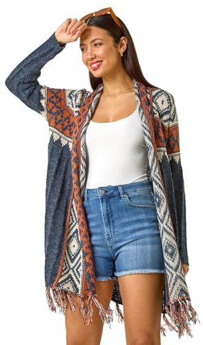Roman Originals Women Cardigan - Ladies Longline Coatigan Tassel Open Front Cardi Winter Autumn Casual Textured Edge to Edge Yarn Patterned Comfy Work Going Out - Denim Multi - Size 18