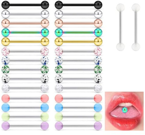 LINGJIA 30 Pièces 14mm Percing a la Langue, Piercing Langue Acier Chirurgical, Kit Piercing, Boule Piercing Langue, Stainless Steel, Coloured, Stainless Steel, for Tongue Piercing, Unisex