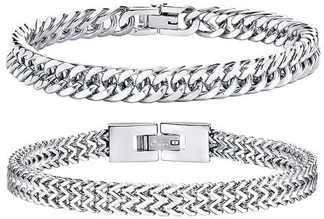 Herren Armband Edelstahl Armbänder Panzerkette - 2 Stücke Silber Herrenarmbänder für Männer Jungs Kubanische Armband 8mm Breite 19cm Länge Geschenke für Papa Sohn Bruder Freundschaft Ehemann