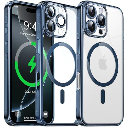 Flyzoo Magnetisch Hybrid Clear Hülle für iPhone 16 Pro - [Kompatibel mit MagSafe] [Verfügt Kameraschutz Folie] Durchsichtig Handyhülle Stoßfeste Transparente mit Silikon Schutzhülle, 6,3, Blau