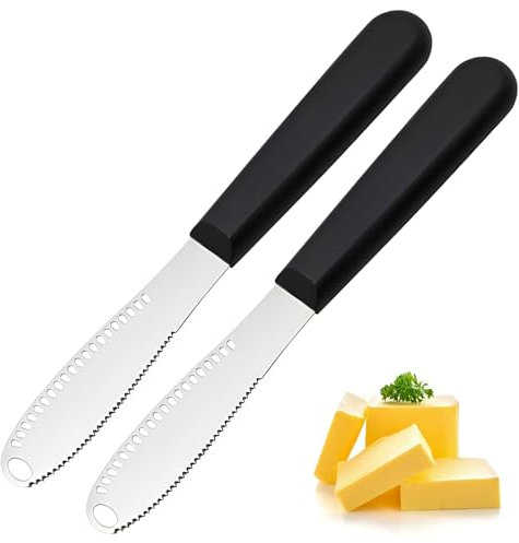 2Pcs Butter Knife Spreader, 3 in 1 Stainless Steel Butter Spreader, Sandwich Knife/Condiment Spreader,with Serrated Edges and Scraping Holes Easy to Hold for Bread Butter Cheese Jam Slicer
