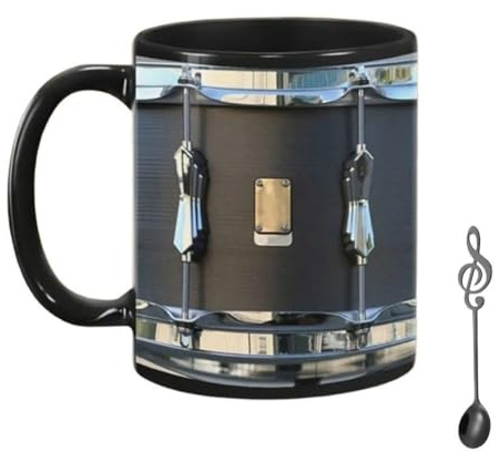 Jolsaawie 11OZ Black Vintage Drum Mug Funny Tea Coffee Juice Water Cup Home Office Drinkware Ceramic Mug Drumming Gifts for Men
