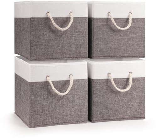 Woodluv Storage Cube Boxes Large, Set of 4 Foldable Storage Basket for Cupboards, Shelves, Closet, Set of 4, Grey, 25 x 25 x 25 cm
