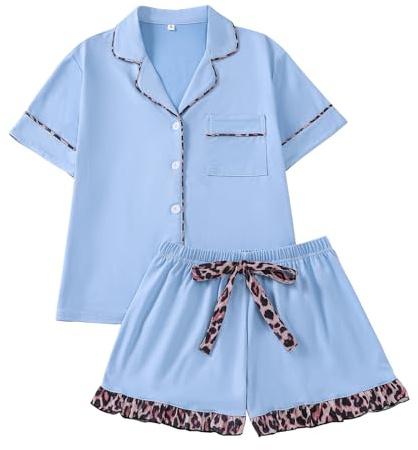 RONGTAI Pajama Set for Women Two Piece Leopard Short Sleeve Button Down Sleepwear Tops and Ruffled Shorts Pjs Blue Lounge Sets Summer Soft Valentines Loungewear XL