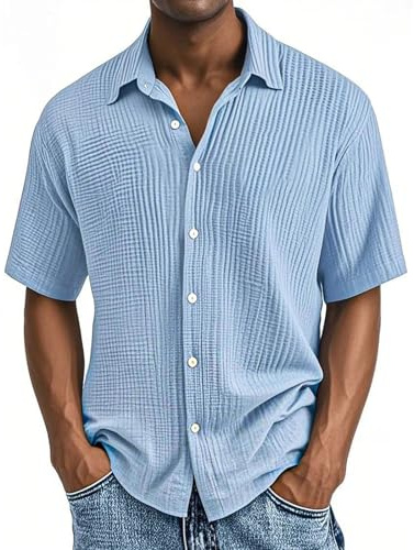 Uwdiohq Chemise boutonnée à Manches Courtes texturée pour Homme, en Coton, décontractée, Les Vacances, la Plage, légère et Ample, l'été Hommes Grands Et 0 Homme Manches Courtes Blanches Chemises