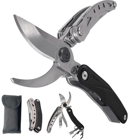 Multifunktionale 7 in 1 Tragbare Schere mit Säge, Cutter, Rinde Schaufel, Edelstahl Bypass-Gartenschere mit abschließbaren Klingen für Draussen Camping