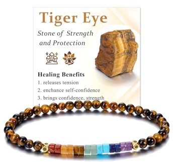 JSDDE Bracelet 7 Chakras en Pierres Naturelles pour Femme Fille 4mm Bracelet Élastique Fin avec Perles Pierres et Cristaux Porte-Bonheur Bijoux Cadeau Copine Maman Anniversaire (Œil de Tigre)