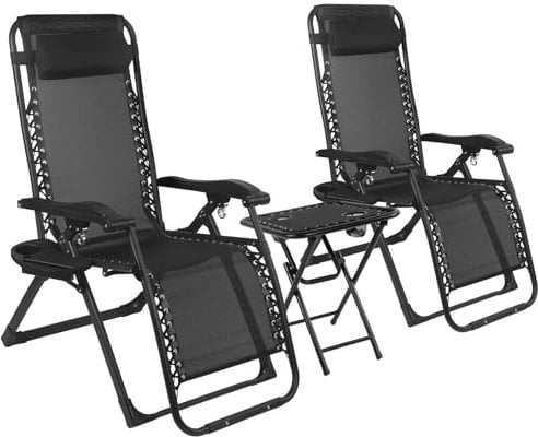 2er Set Liegestuhl Klappbar mit Beistelltisch und Getränkehaltern, Gartenliege Sonnenliege Wetterfest, 300kg Tragkraft, Atmungsaktiv für Garten Balkon Strand Pool, Schwarz