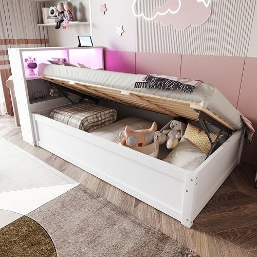 WIZBED Boxspringbett 90x200 mit Bettkasten, Kopfteil mit Staufächern und Steckdose, Einzelbett Holzbett mit Lattenrost, Bett, Bettgestell Massivholzbett, Stauraumbett,Weiß, Ohne Matratze