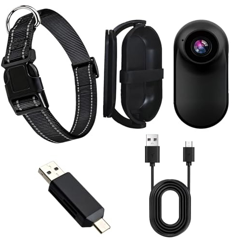 BOSREROY Verstellbare Halsbandkamera für Katzen & Hunde, Mini Action Kamera mit 360° Halterung, USB-Kabel & OTG-Adapter für den Innen- und Außenbereich