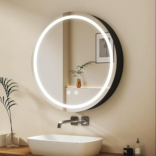 WDWRITTI Spiegelschrank mit Beleuchtung 60x60cm LED Badezimmerschrank, Dimmbar Bad Spiegel Badschrank Runder Medizinschrank mit Anti-Beschlag-Funktion