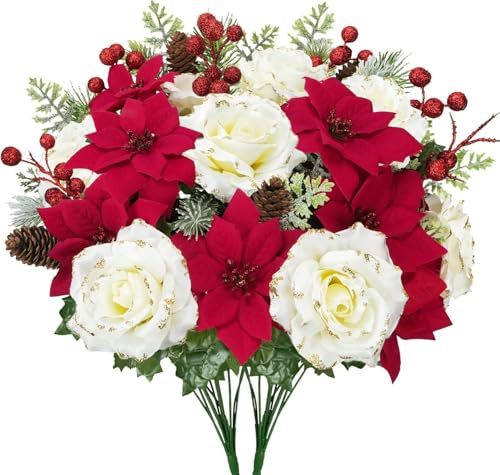 FALSKT 2PCS Weihnachtsstern Künstlich Weihnachtsblumen Rot Kunstblumen Weihnachten Deko Weihnachtsstrauß Künstliche Blumen Weihnachtsdeko Mit Tannenzapfen Beeren Rose für Weihnachten Deko Hochzeit