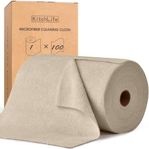 KitchLife Mikrofaser Reinigungstücher, 100 Stück pro Rolle Abreißbare Putztücher, Wiederverwendbare Fusselfreie Lappen für Küche, Haus und Auto, Sand beige