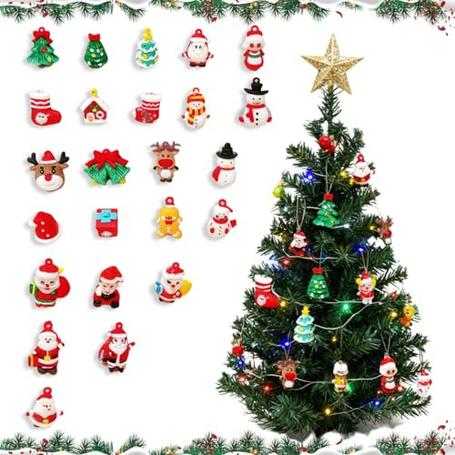 Mini Christmas Tree Hanging Ornaments, 20 Pcs Miniatures Xmas Tree Charms Decorations, Small Santa Claus, Snowman, Christmas Pendant Charms Doll House Mini Home Party DIY Decor