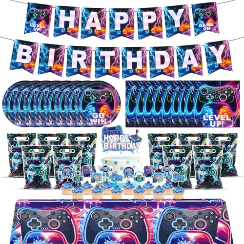 Gaming Geburtstagsdeko Junge, Gamer Geburtstag Party Deko Set | Komplettes Gaming Partyset mit Servietten, Pappteller, Tischdecke, Geschenktüten, Banner und Tortendeko für Geburtstag