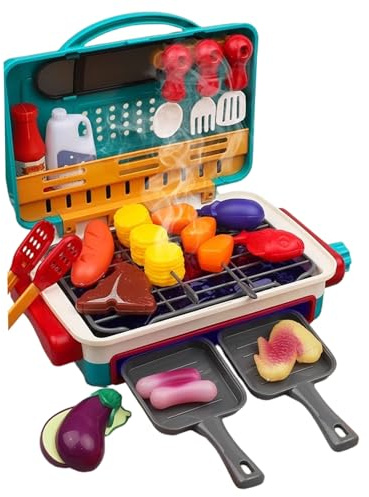 35 Teile/Satz Kinder BBQ Grill Spielset Simulierte farbwechselnde Lebensmittel Küche Spielzeug Set, mit Rauch & Licht 2-Modus Spaß Spielen für Mädchen Jungen Kinder, Küche