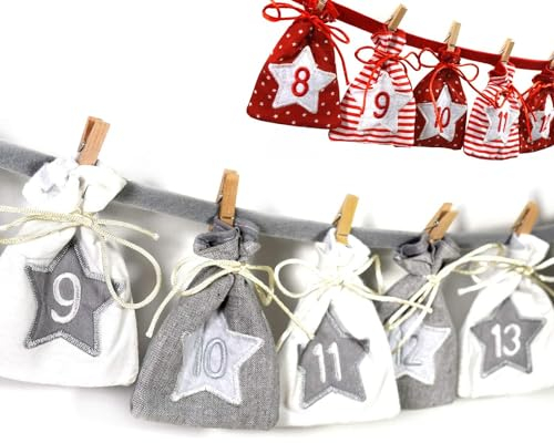 Frau WUNDERVoll® Adventskalender zum Befüllen Groß - Stoff, grau weiß/Weihnachtskalender Beutel Sack Säcke Säckchen Stoffbeutel Baumwolle Baumwollsäckchen Geschenkbeutel Stoffsack Stoffsäckchen