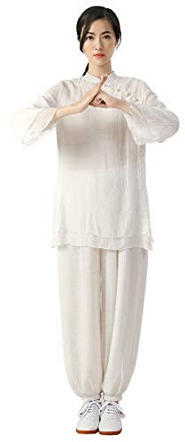 KSUA Womens Tai Chi Kleidung Chinesische Kung Fu Kleidung Baumwolle & Leinen Kampfkunst Uniform für Kung Fu Taichi Zen Meditation Kampfkunst Wing Chun, Weiß EU M/Etikett L