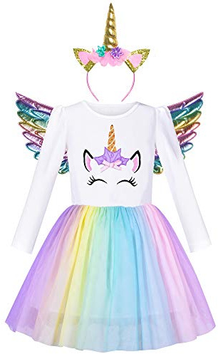 Sunny Fashion Mädchen Kleid Weihnachtsmann Hut Langarm Party Kleid Größe 110, Regenbogen-Einhorn