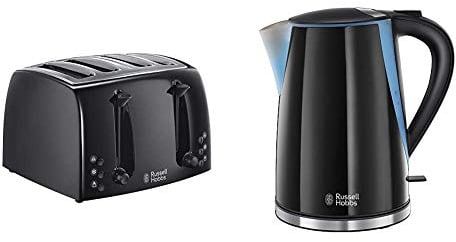 Russell Hobbs 21651 Textures 4-Slice Toaster 21651-Black, Plastic, Black & Hobbs Mode Kettle 21400 - Black