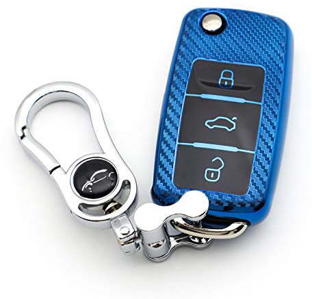 M.JVisun Auto Coques de Clé pour Skoda Fabia Rapid Spaceback Superb Combi Yeti 3 Boutons Pliante Clé Souple Fibre de Carbone Traiter Galvanisé TPU avec Métal Porte-clés - Bleu