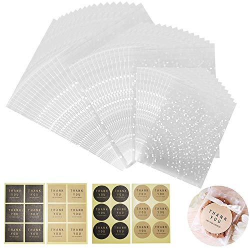 YYWEi OPP Tütchen Selbstklebend Plastiktüten klein 300Stk Flachbeutel transparent Tüten Süßigkeiten für Süßigkeiten Plätzchen Gebäck Schoolade Lutscher + 300 Stück Aufkleber