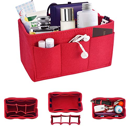 KBNIAN Handtasche Tasche Organizer Damen Filz Taschenorganizer Innentaschen mit Multi Fächer Abnehmbare Reißverschluss Handtaschen Organizer (Rot)