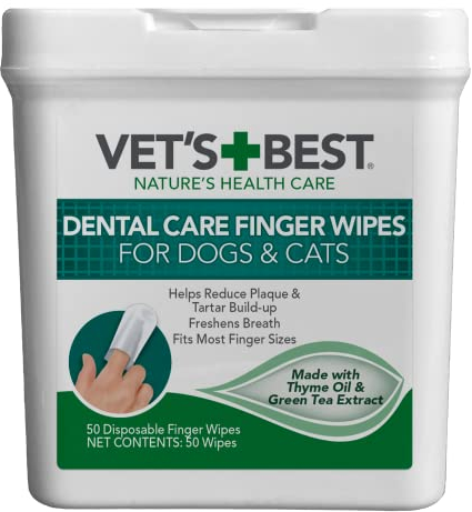Vet's Best Dental Care Finger Wipes | Reduces Plaque & Freshens Breath | Teeth Cleaning Finger Wipes for Dogs & Cats | 50 Disposable Wipes