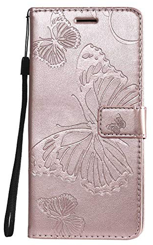 DENDICO Coque pour Xiaomi Redmi Note 7 Pro/Redmi Note 7, Papillon Imprimé PU en Cuir Coque Magnétique Portefeuille TPU Étui Housse pour Xiaomi Redmi Note 7 Pro/Redmi Note 7 - Or Rose