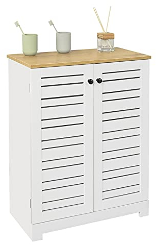 SoBuy BZR41-W Badkommode Badschrank mit Lamellentüren Kommode fürs Bad Badezimmerschrank Badmöbel weiß-Natur BHT ca: 60x82x30cm