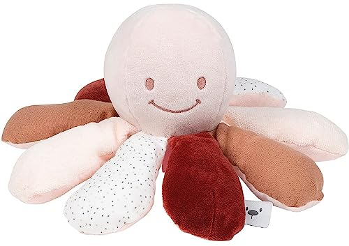 Nattou Aktiv-Kuscheltier aus Baumwolle und Polyester, Kuscheltier-Oktopus mit Rassel und Quietsche, Für Neugeborene und Frühchen, Ca. 28 cm, Lapidou, Rot
