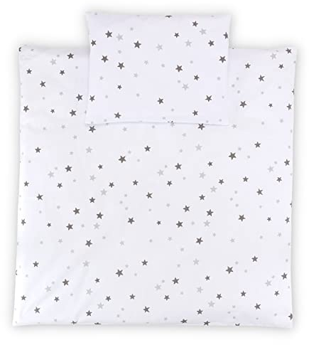 FabiMax Bettwäsche-Set 2-teilg, 80x80 cm Deckenbezug und 30x40 cm Kissenbezug, passend für Beistellbett, Wiege und Stubenwagen, graue Sterne auf weiß