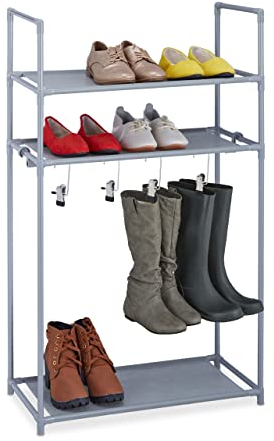 Relaxdays Schuhregal mit Stiefelfach, 3 Ebenen, für 10 Paar Schuhe, 4 Haken, HxBxT: 101 x 60 x 30 cm, Stecksystem, grau