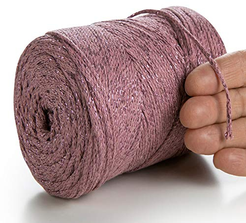 MeriWoolArt® Metallische Makramee Garn 2mm x 225m Farbig für Schnur Schmuckherstellung, Makramee Accessoires Schmuck - Boho Makramee Seil Garn - Glanz Lurex Recyceltes Baumwollgarn (Lurex Pflaume)