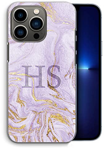 Personalised Apple iPhone Case - Hard Plastic Cover for iPhone 15, 14, 13, 12, 11, Pro Max, Mini, XR, SE - Custom Grey Initial Purple Lilac Marble Phone Case