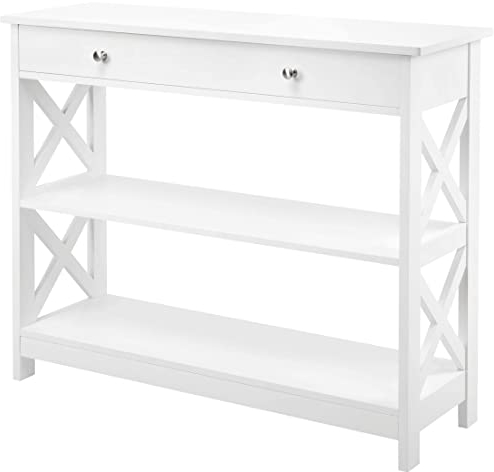 Yaheetech Konsolentisch, Flurtisch mit Schublade und 2-stufigen Ablagefächern, Beistelltisch Holz, Sofatisch mit stabilem X-Rahmen, für Eingang, Flur, Wohnzimmer, 100 x 30 x 80 cm, Weiß