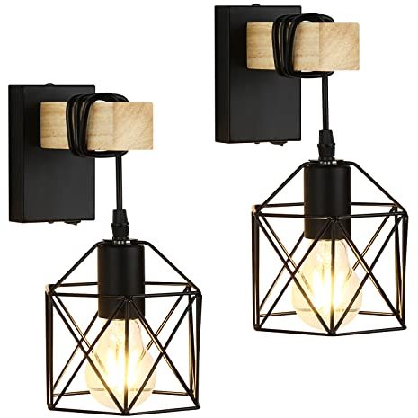 Lightess Wall Lights Industrial Black Wall Light with On Off Switch E27 Indoor Wall Lamp Retro Wall Sconce Vintage Cage Wall Light for Living Room, Hallway, Bedroom, Stairs (2 Pack)