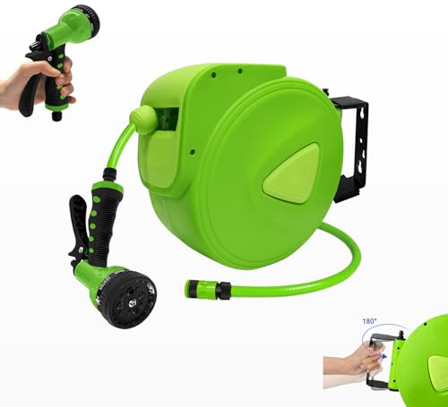 UISEBRT Schlauchtrommel 30+2m Schlauchaufroller Gartenschlauch Box - 180° Schwenkbar Schlauchbox mit Wandhalterung Automatik Wasserschlauch Trommel für Garten, Bewässerung, Autowäsche