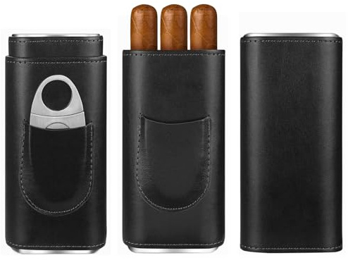 cgaplus 3-Finger Cigar Case with Cutter Crocodile Pattern Leather Cigar Humidor Case Portable Travel Case for Men (Black 2)