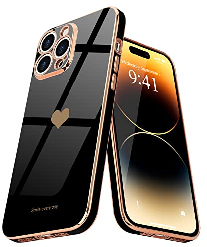 Teageo for iPhone 14 Pro Case Cute Heart Pattern for Women Girls Slim Luxury Bling Plating Soft TPU Anti-Scratch Shockproof Bumper Phone Case for iPhone 14 Pro, Black