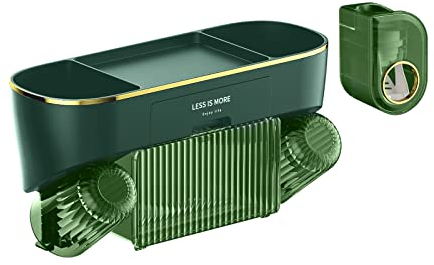 Hensych Zahnbürstenhalter Badezimmer Vielseitiger Aufbewahrungs-Organizer Caddy +2 Gargle Cups +1 Zahnpasta Dispenser/Zahnpasta Squeezer Combo,An der Wand montiert Nagelfreie(Grün)
