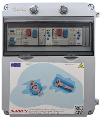 SWIMHOME Cuadro Eléctrico para Piscina | Piezoeléctrico para 2 Bombas | Guardamotor y Transformador 24V DC | Bomba de Agua +2CV 9-14A
