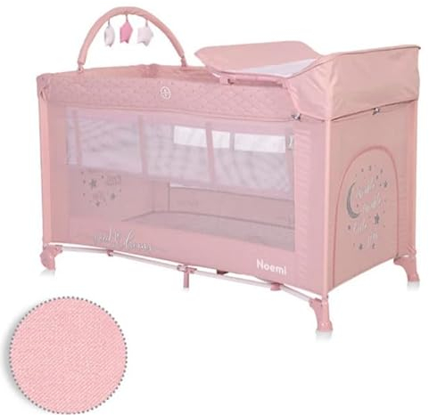 Lorelli Reisebett Noemi 2 Ebenen, Wickelauflage, Spielbogen, Tragetasche, Räder, Farbe:pink